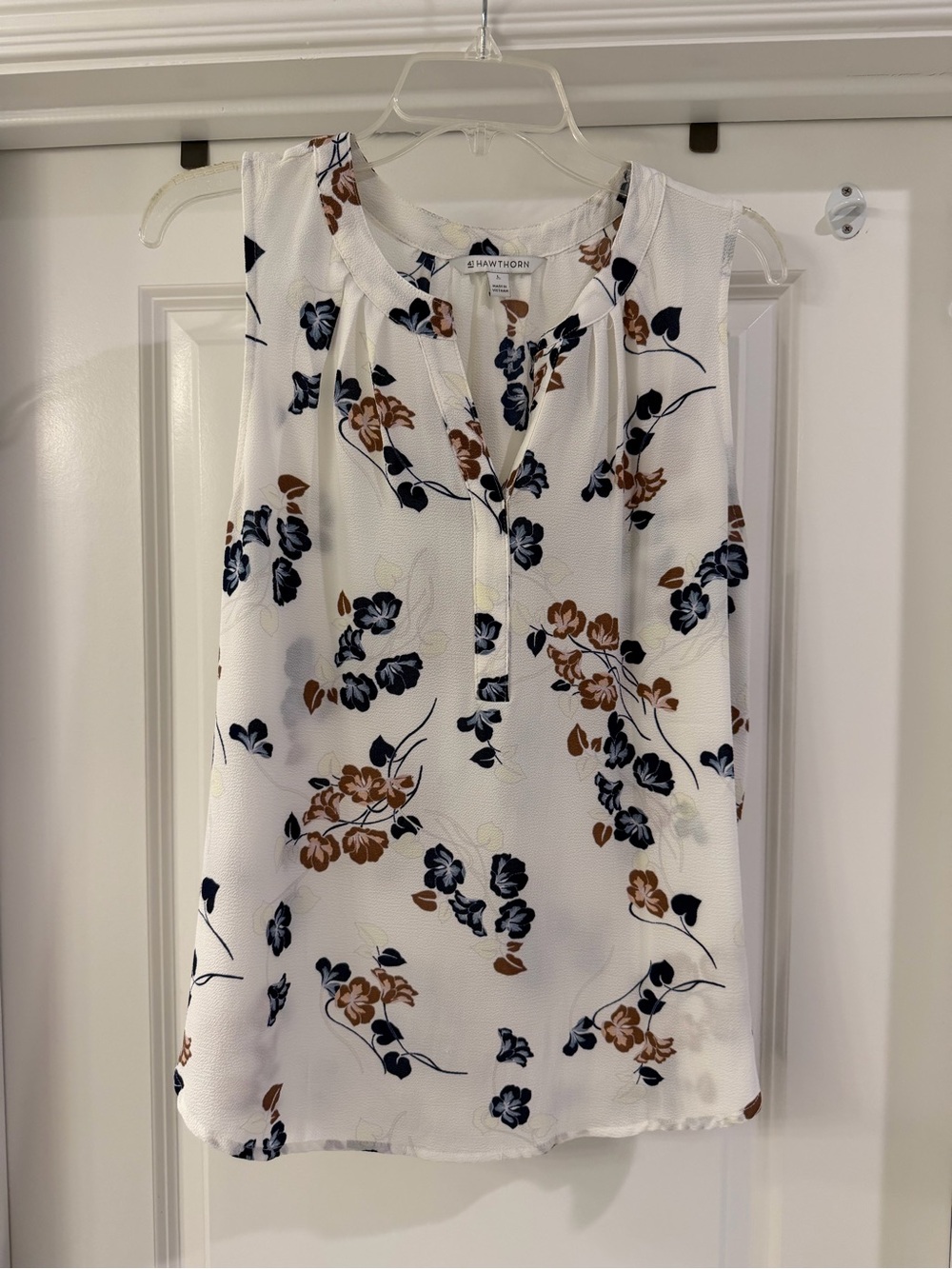 41 Hawthorn White Floral Sleeveless V-Neck Shell with Navy & Brown Print